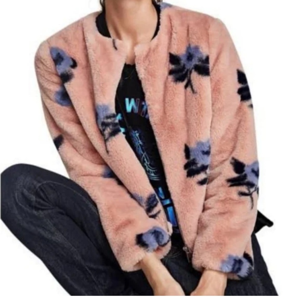 Charlotte Russe Pastel Pink/Blue Floral Furry Bomber Jacket Size Small
